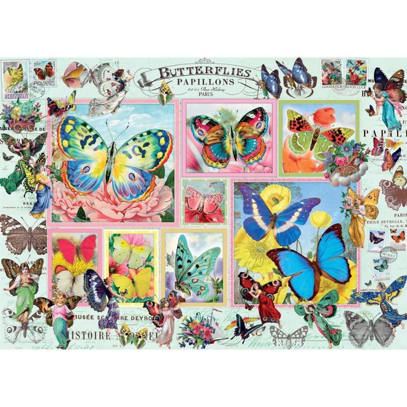 Colorful 1000-piece puzzle featuring a butterfly collage, designed by Barbara Behr, made with eco-friendly materials.