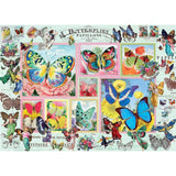 Colorful 1000-piece puzzle featuring a butterfly collage, designed by Barbara Behr, made with eco-friendly materials.