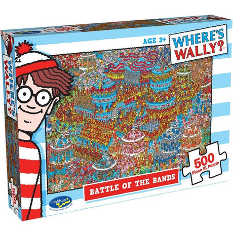 Whimsical 500XL puzzle featuring Wally hidden in a lively band scene, perfect for family fun and skill-building activities.