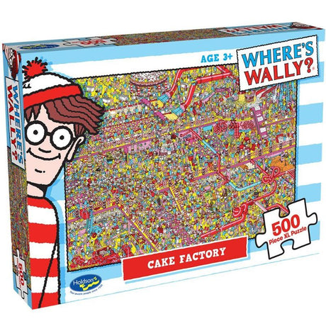 Whimsical 500XL piece jigsaw puzzle featuring Wally in a vibrant Cake Factory scene, perfect for family fun and skill development.