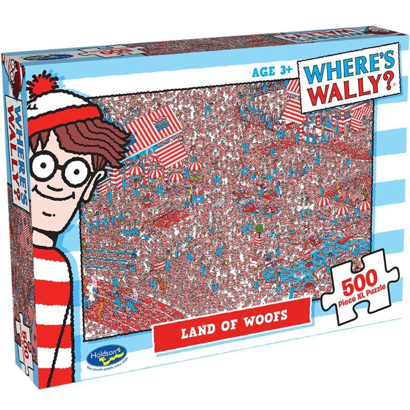 Colorful 500XL puzzle of Land of Woofs, featuring Wally in his red and white stripes among playful dogs and whimsical scenes.