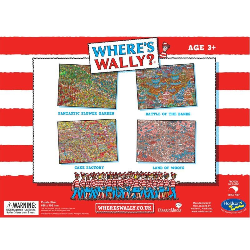 Colorful 500XL puzzle featuring Wally hidden in a whimsical dog-filled landscape, ideal for family fun and engagement.