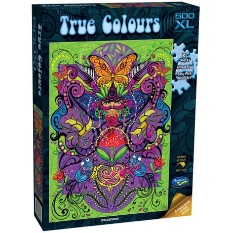 Colorful jigsaw puzzle featuring Denise Nel's artwork, ideal for ages 8+, eco-friendly, 500 extra-large pieces.