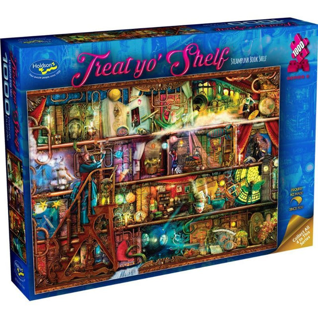 Steampunk-themed 1000-piece jigsaw puzzle featuring books and vintage elegance, perfect for décor and gifting.