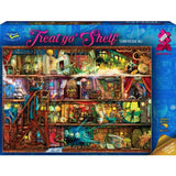 Steampunk-themed 1000-piece puzzle featuring a whimsical bookshelf design, perfect for art and book lovers.