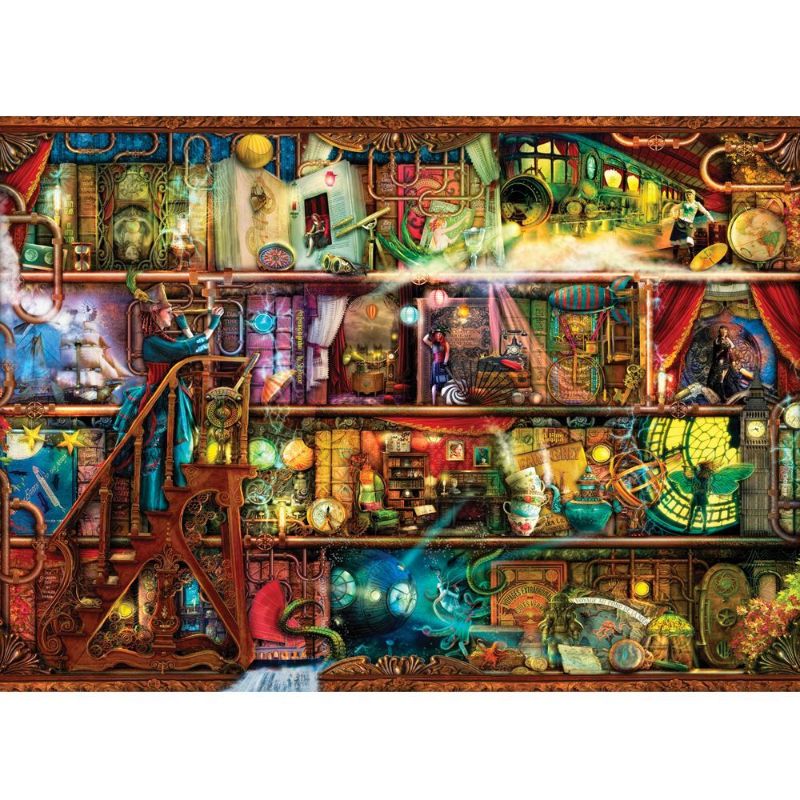 Steampunk-themed jigsaw puzzle featuring a vintage bookshelf design, ideal for puzzle and book enthusiasts.