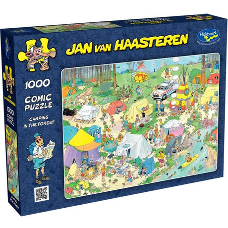 Colorful 1000-piece jigsaw puzzle depicting a whimsical camping scene in the forest by Jan Van Haasteren.