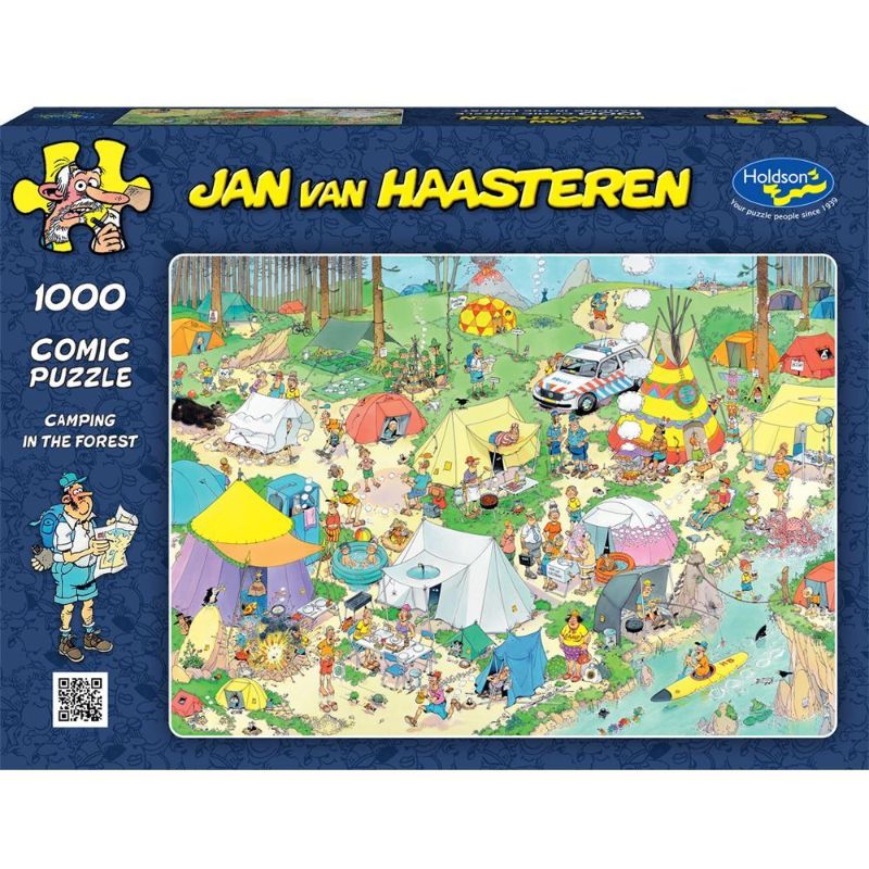 Whimsical 1000-piece jigsaw puzzle depicting a colorful camping scene deep in the forest, suitable for ages 8 and up.