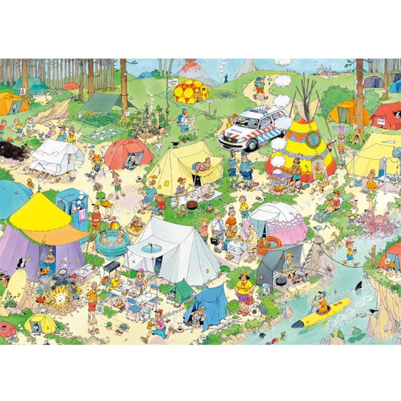 Whimsical 1000-piece jigsaw puzzle depicting a fun camping scene in the forest, designed by Jan Van Haasteren.