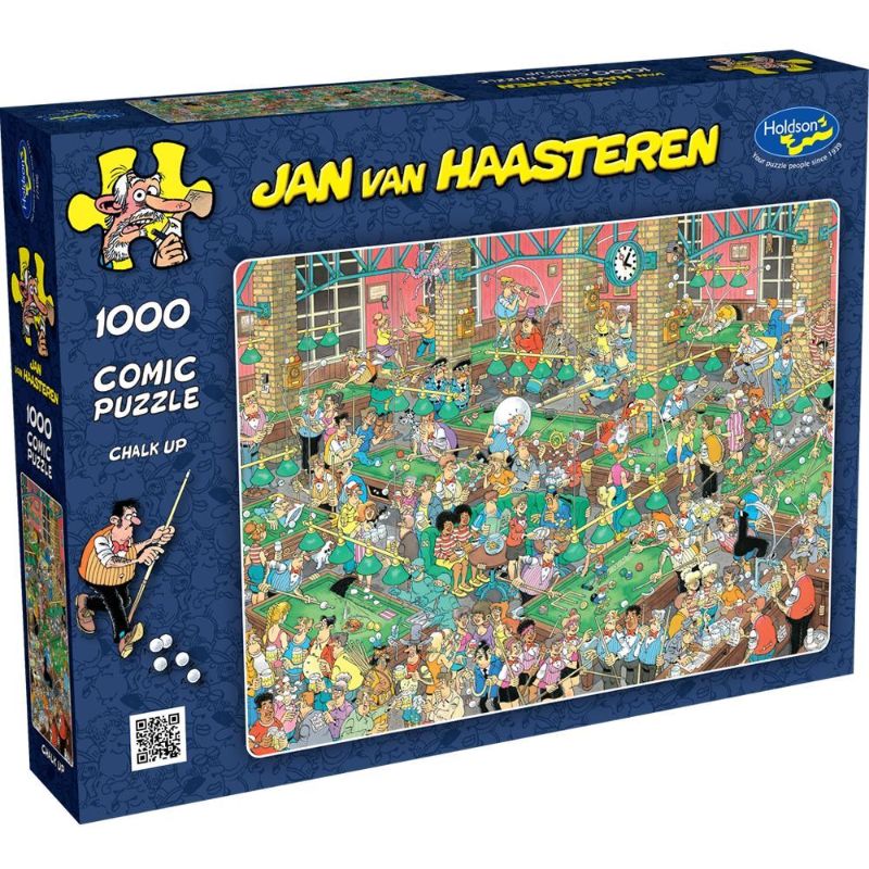 Colorful 1000-piece puzzle by Jan Van Haasteren, featuring whimsical characters and detailed humor, perfect for family fun.