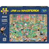 Holdson 1000pc puzzle featuring whimsical artwork by Jan Van Haasteren, showcasing vibrant characters and intricate details.