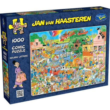 Colorful 1000-piece jigsaw puzzle by Jan Van Haasteren, depicting whimsical holiday chaos, ideal for family fun and relaxation.