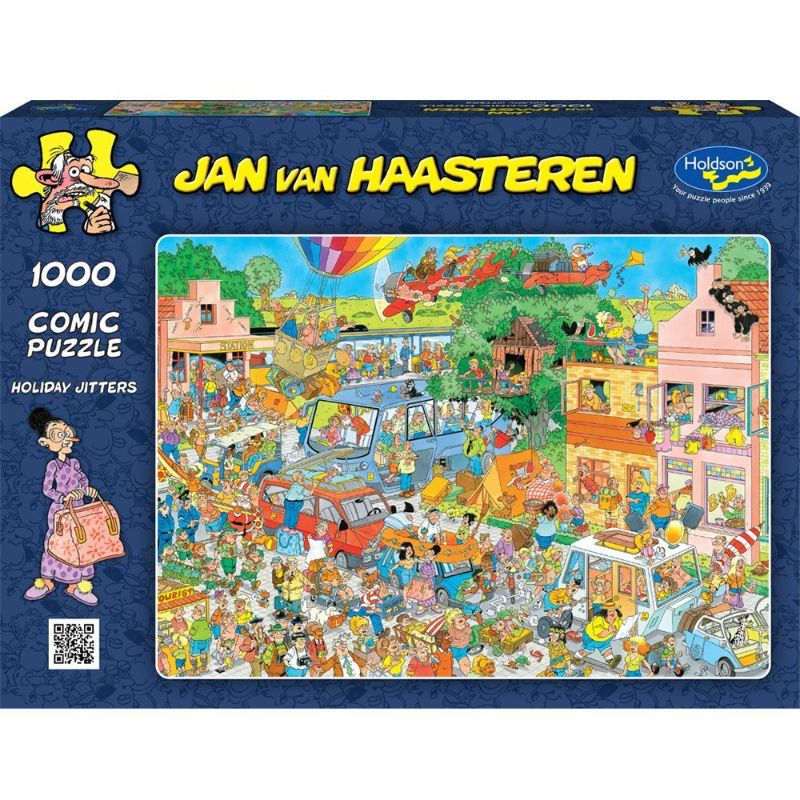 Colorful 1000-piece jigsaw puzzle depicting festive holiday chaos, designed by Jan Van Haasteren, perfect for family fun.