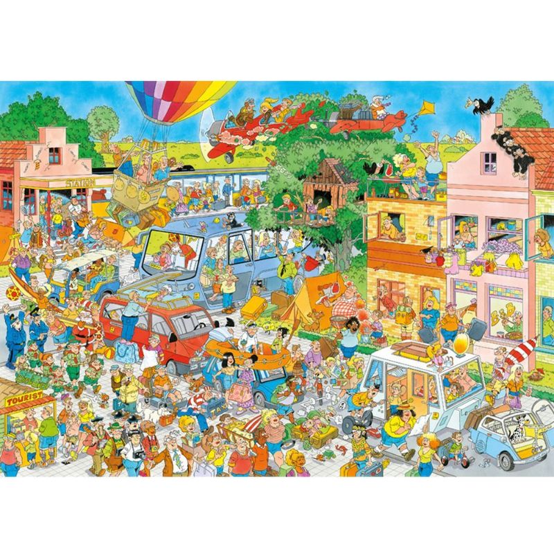 Colorful 1000-piece jigsaw puzzle by Jan Van Haasteren, featuring whimsical holiday chaos; perfect for family fun and relaxation.