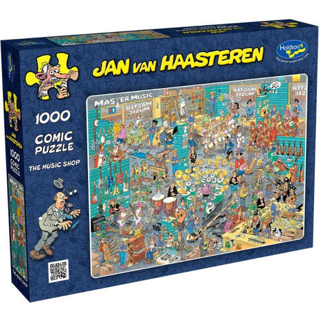 Whimsical 1000pc jigsaw puzzle depicting a vibrant, bustling music shop scene by Jan Van Haasteren, great for families.