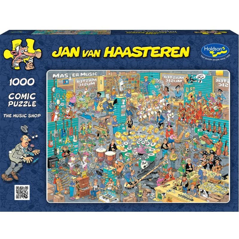 Colorful 1000-piece jigsaw puzzle depicting a lively music shop scene by Jan Van Haasteren, perfect for family fun and creativity.