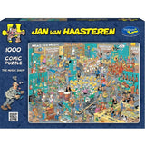 Colorful 1000-piece jigsaw puzzle depicting a lively music shop scene by Jan Van Haasteren, perfect for family fun and creativity.