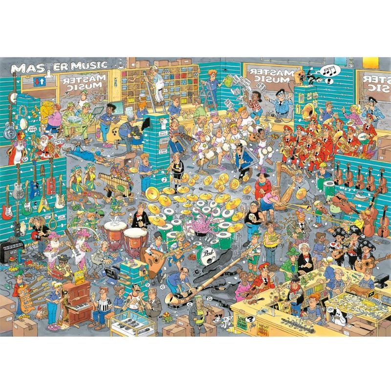 Colorful 1000-piece Jan Van Haasteren puzzle depicting a lively music shop scene with whimsical characters and intricate details.