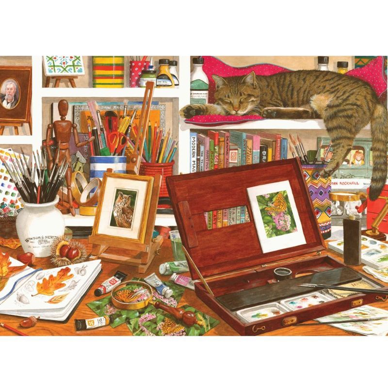 Holdson 1000pc puzzle featuring Tracy Hall's watercolor art titled 'Paint & Draw', measuring 688mm x 493mm.