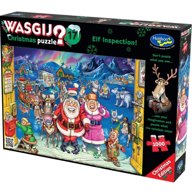 Whimsical 1000-piece Wasgij Christmas puzzle depicting Santa's unexpected visit to the busy North Pole elf workshop.