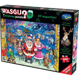 Whimsical 1000-piece Wasgij Christmas puzzle depicting Santa's unexpected visit to the busy North Pole elf workshop.