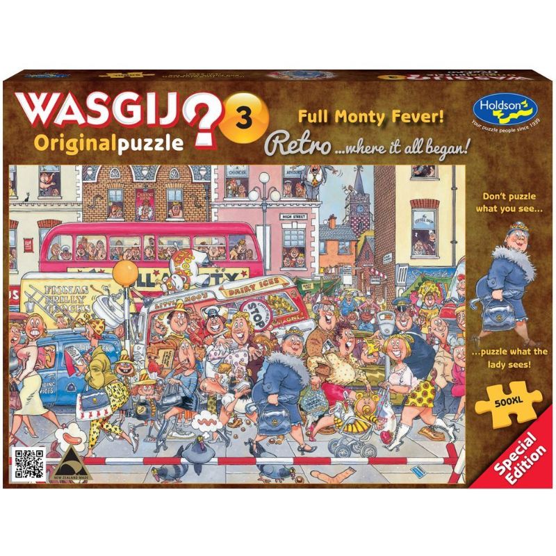 Whimsical 500XL jigsaw puzzle depicting a lively high street scene with smiling shoppers, inviting imaginative puzzling fun.