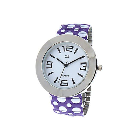 Purple Polka Dot Expand watch featuring a silver case, white face, black indices, and an expandable purple/white polka dot strap.