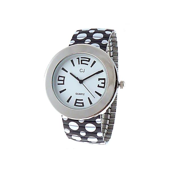 Chic black polka dot watch with silver case, white face, and expandable strap for style and comfort.