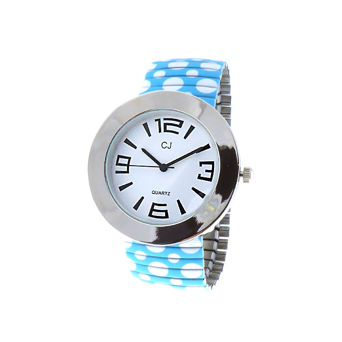 Blue Polka Dot Watch featuring a silver case, white face, black indices, and a unique expandable blue polka dot strap.