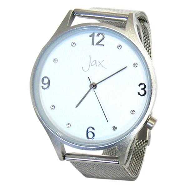 Elegant Jax Diamante Slim Silver Watch featuring 40mm silver plating, diamantes, mesh band, and durable stainless steel case.