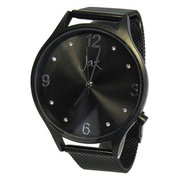 Elegant Jax Diamante Slim Black watch featuring 40mm case, eight diamantes, and a comfortable mesh band.