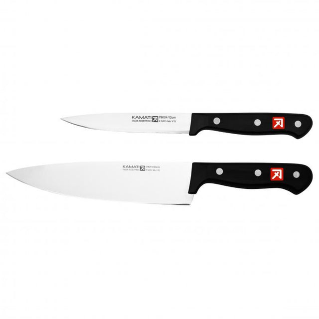 Kamati 2 Pieces Chef's Preparation Set featuring a 12.5cm utility knife and 20cm cook's knife with ergonomic handles.