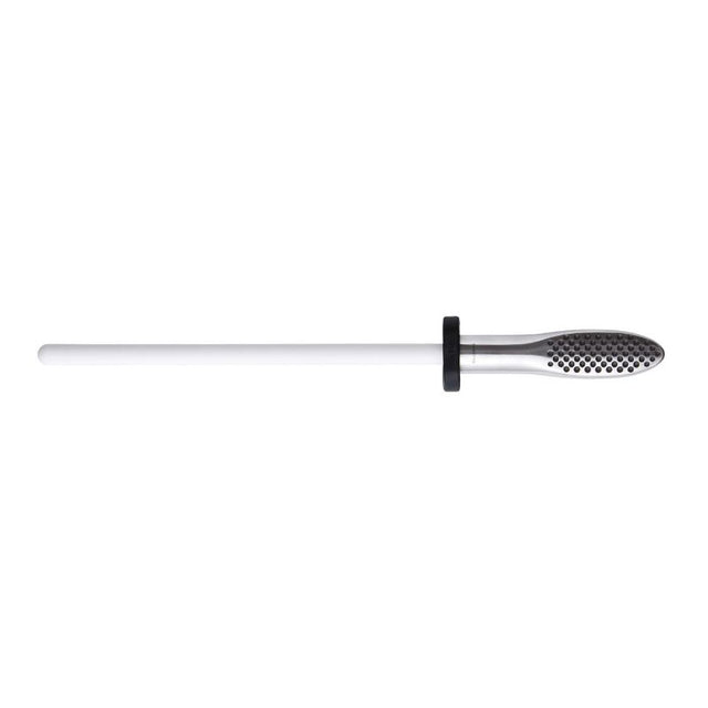 Ceramic sharpening rod (22cm) for maintaining Global knives' sharpness, precision-crafted in Japan.