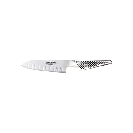 Global GS-90 13cm Santoku knife with Granton edge, crafted from stainless steel for precision slicing and dicing.