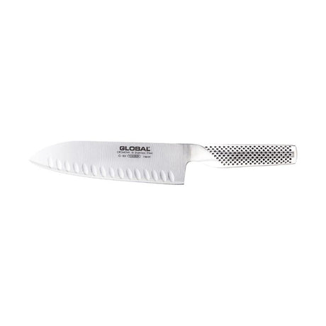 Global G-80 Granton Edge Santoku Knife (18cm) with CROMOVA 18 stainless steel blade and fluted design for effortless slicing.