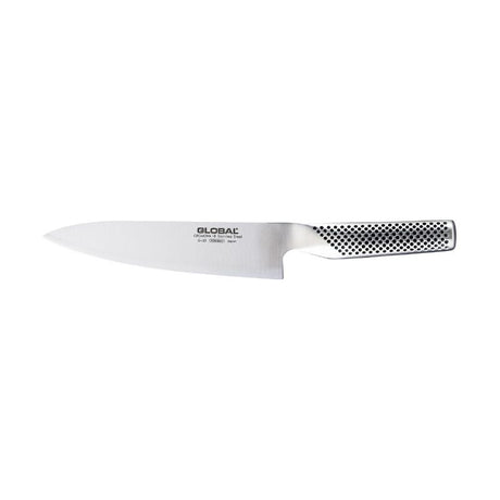 Global Classic G-55 Cook's Knife (18cm) with CROMOVA 18 stainless steel blade, razor-sharp edge, and dotted grip handle.