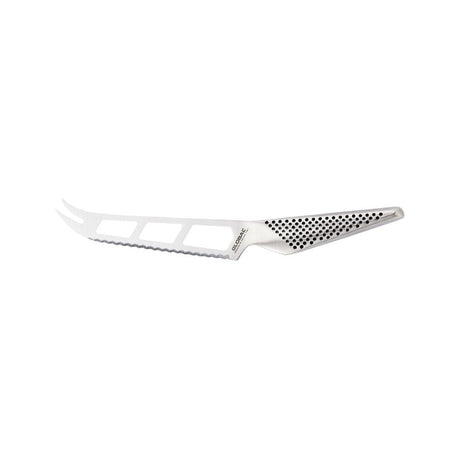 Global Classic Cheese Knife (14cm) with serrated blade, prongs, and seamless design for effortless slicing and serving cheeses.