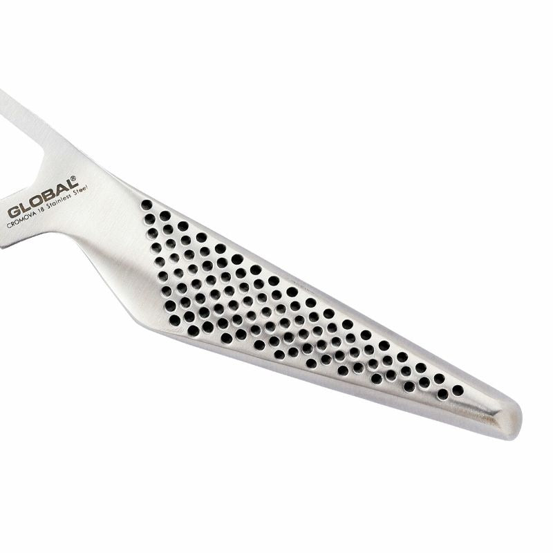 Global Classic 14cm cheese knife with serrated blade, prongs for serving, made of premium stainless steel for durability.