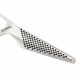 Global Classic 14cm cheese knife with serrated blade, prongs for serving, made of premium stainless steel for durability.