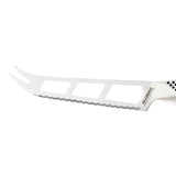 Global Classic Cheese Knife (14cm) features a serrated blade with holes, ideal for slicing various cheeses effortlessly.