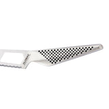 Global Classic Cheese Knife (14cm) with serrated edge, prongs, and seamless design for effortless cheese slicing and serving.