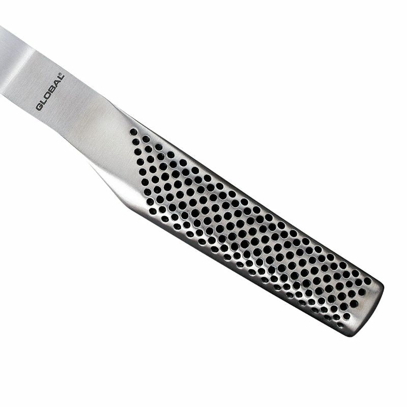 Global Classic Bent Carving Fork with sharp prongs, ergonomic handle, and durable stainless steel, ideal for roasting meats.
