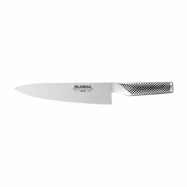 Global Classic 20cm Cook's Knife with CROMOVA 18 stainless steel, featuring a razor-sharp edge and balanced design for precision cutting.