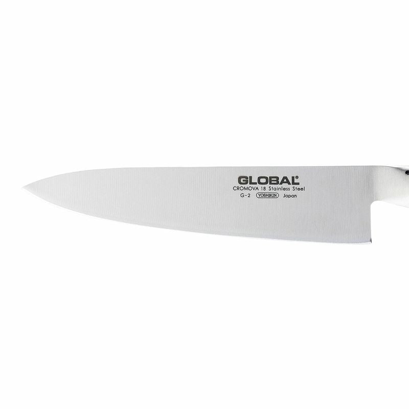 Global Classic 20cm Cook's Knife, sharp CROMOVA 18 steel, perfect for mincing, slicing, and dicing with balanced design.