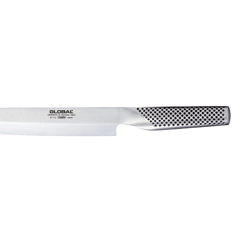Classic GLOBAL YANAGI G-11 25cm sashimi knife with single-beveled blade for precision slicing and exceptional non-stick properties.