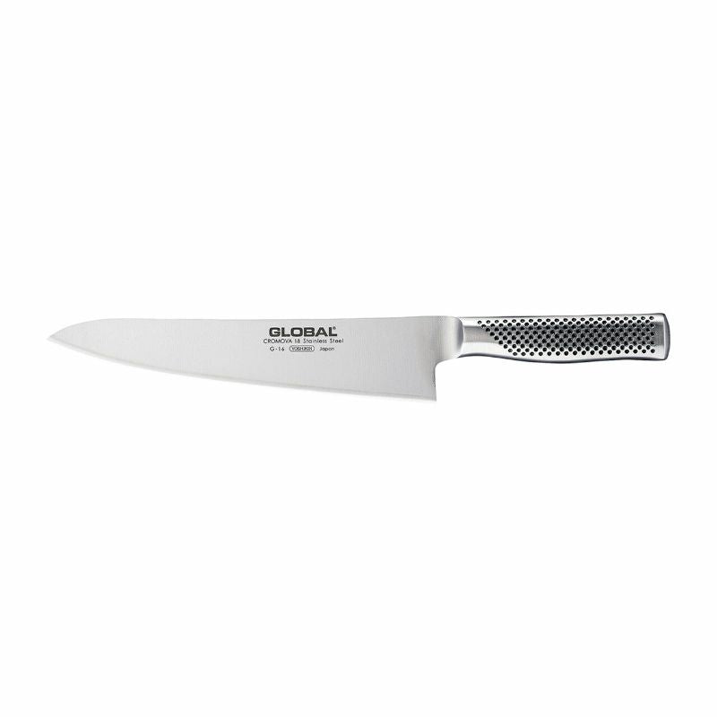 Global Classic 24cm Cook's Knife: razor-sharp CROMOVA 18 steel, ergonomic handle, perfect for slicing and carving in style.