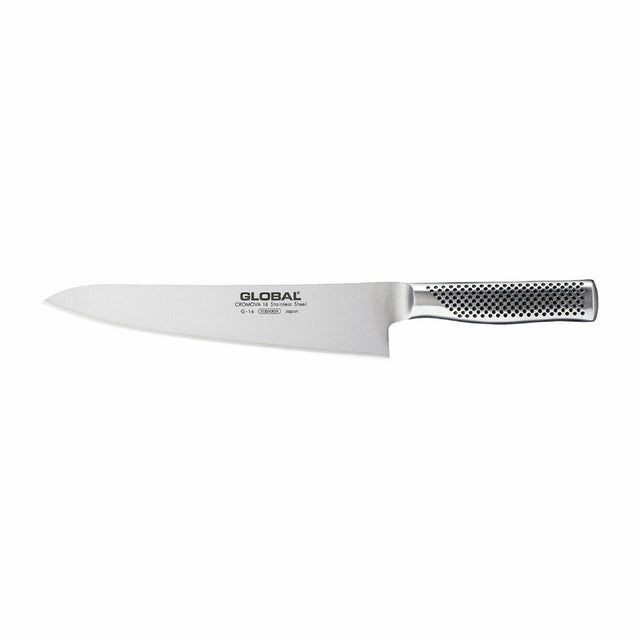 Global Classic 24cm Cook's Knife: razor-sharp CROMOVA 18 steel, ergonomic handle, perfect for slicing and carving in style.