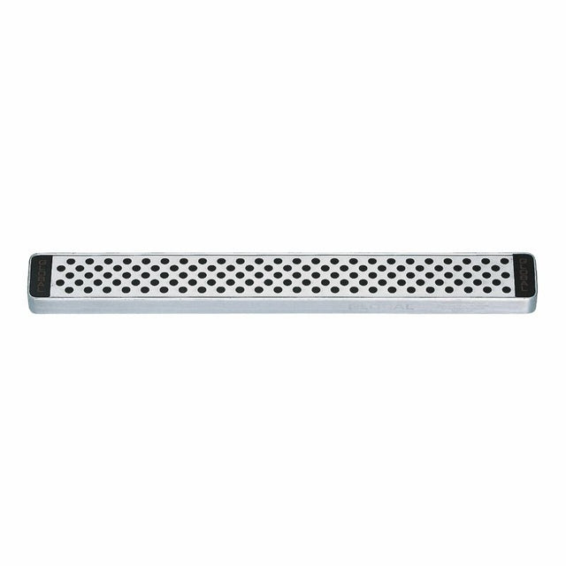 Magnetic knife rack in stainless steel, 41cm, securely displays and organizes kitchen knives with a stylish dot pattern.