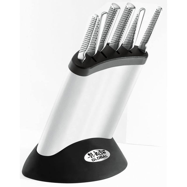 Global Knives Synergy 7 Piece Knife Block Set featuring six quality knives and a sleek stainless steel storage block.