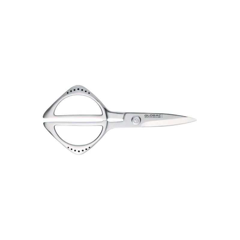 Global Classic Kitchen Shears featuring serrated blades, integrated nutcracker, and elegant cast steel design for versatile cutting.